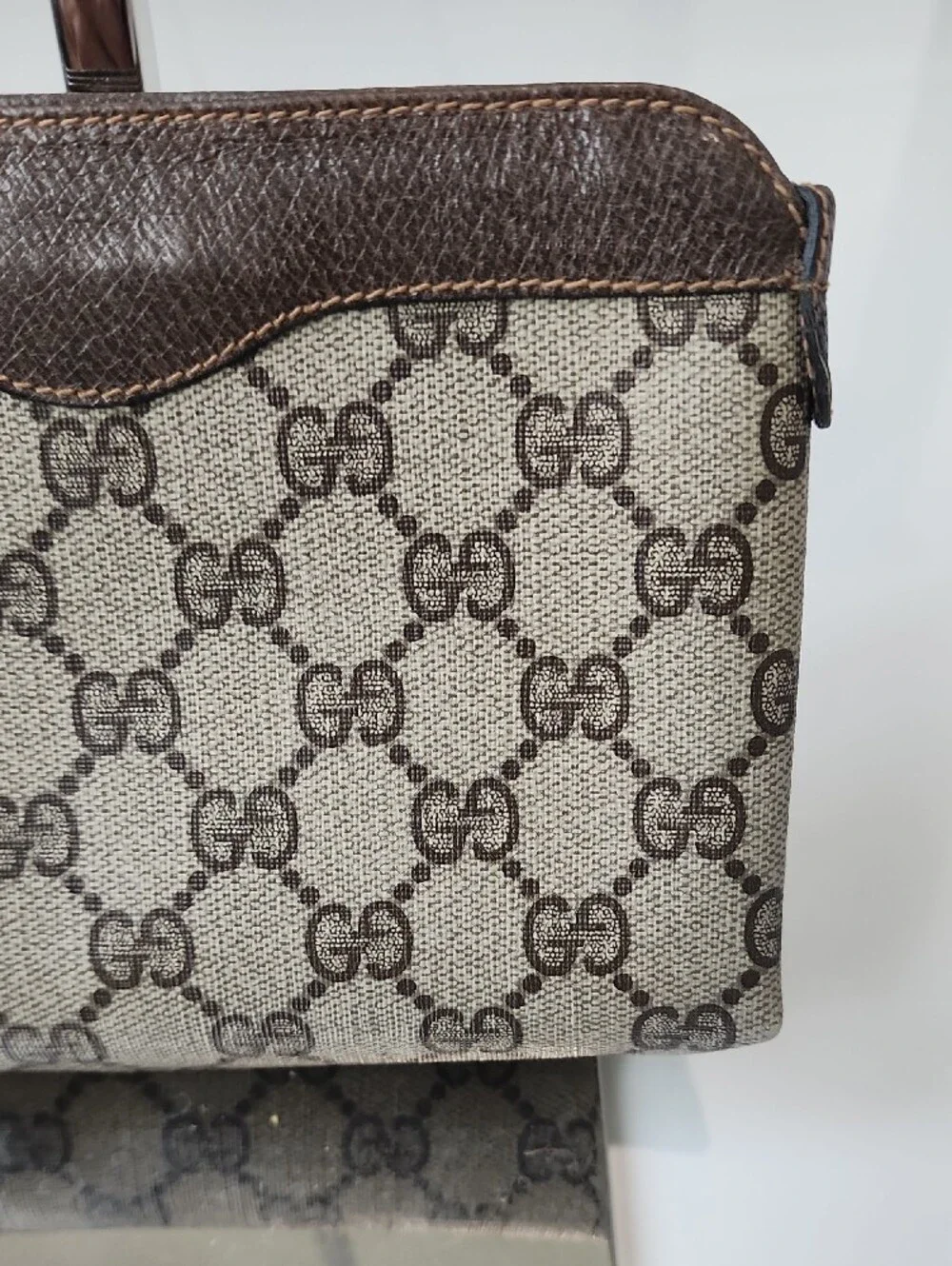 Gucci Brown GG Canvas Cosmetic Pouch with Leather Trim